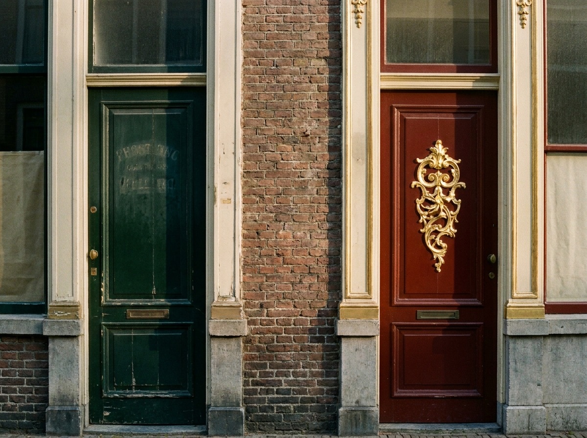 Two shop doors side by side: faded ghost lettering on the green door, fresh gold leaf on the oxblood door