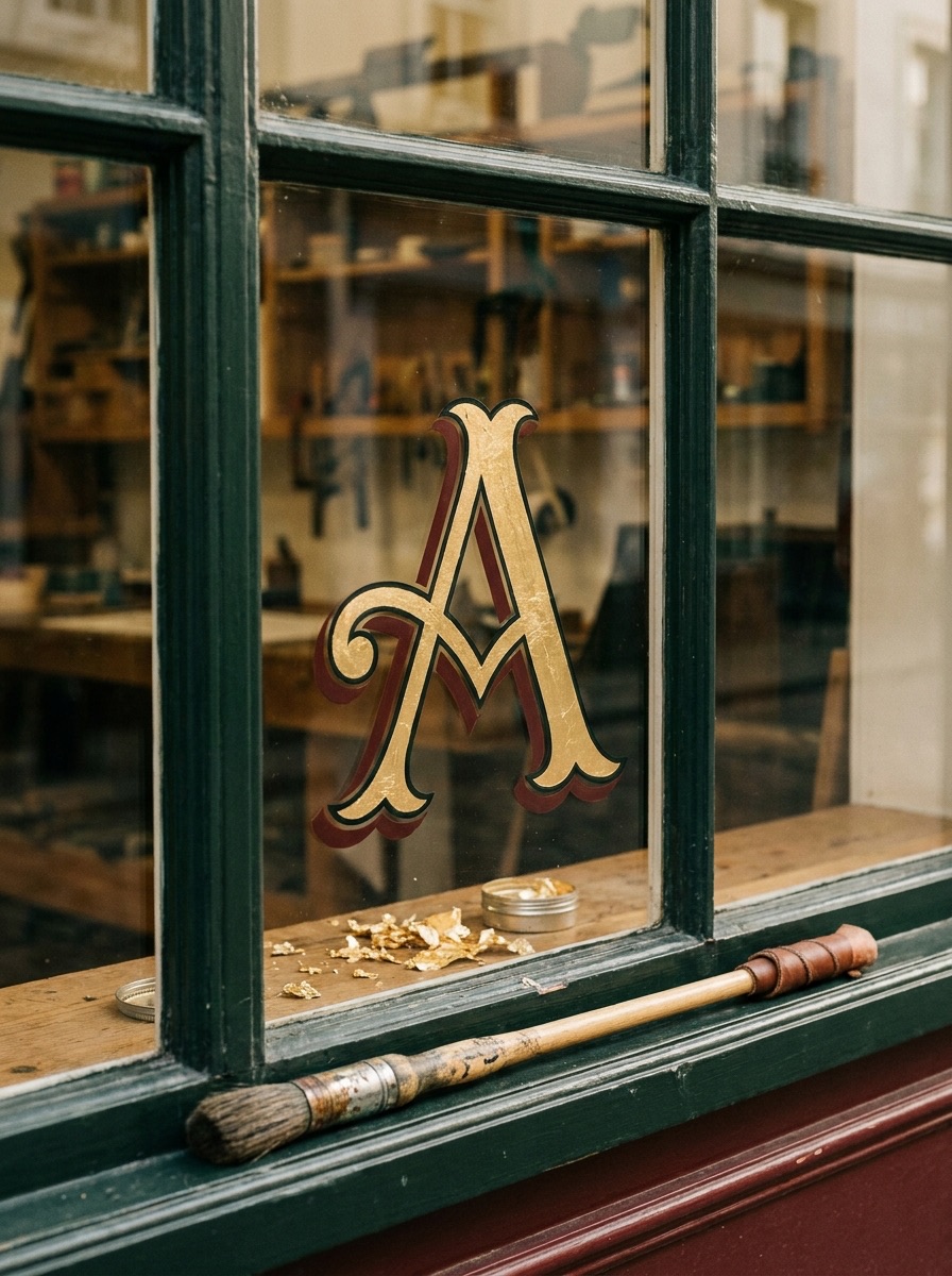 Gilded letter on a shop window, lettering brush and mahl stick resting on the sill below