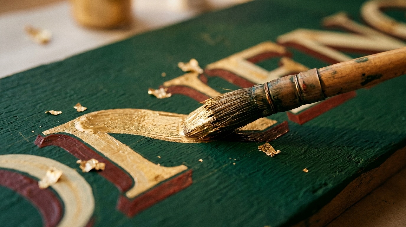 Lettering quill resting mid-stroke in wet gold paint on a deep green sign board